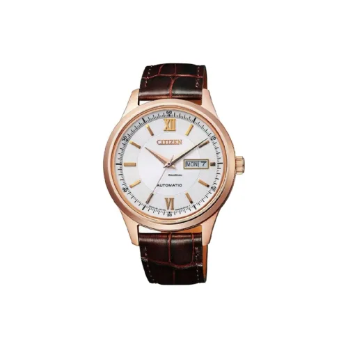 CITIZEN Автоматический Механический Механизм Коровья Кожа Ремешок Часы Мужские Белый Циферблат
