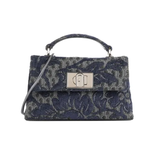 Furla 1927 Collection Ткань с кожаными вставками Сумка Сумка через плечо Сумка через плечо Мини Женская Серый и Синий