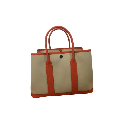 HERMES Garden Party Холст с Negonda Телячья кожа Садовая сумка Унисекс Ледниковый белый Оранжево-красный