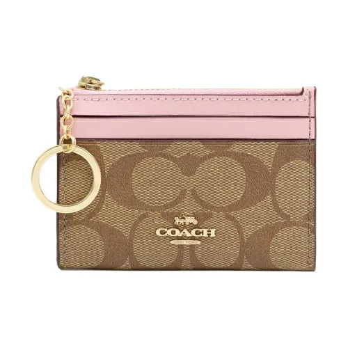 COACH Mini Id Skinny Пэчворк из кожи с PVC Key Pouch Держатель для карт Мини Женский Розовый и Коричневый Монограмма