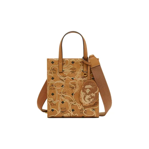 MCM × BAPE совместный бренд Aren CNY Коллаборация Кожа Тоут Сумка Сумка для покупок Сумка на плечо Сумка Мини Унисекс Коньяк