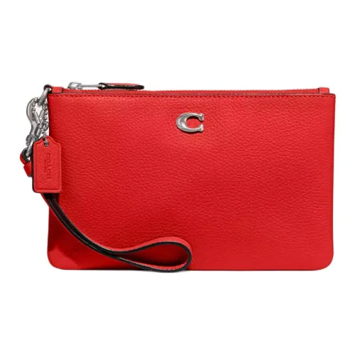 COACH Wristlet Pebble Leather Handbag Small Women's Silver Спортивный Красный