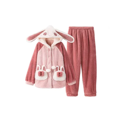 White Ran Cartoon Cute Верхняя одежда Готовая Коралловый флис Домашняя одежда Женская Розовый