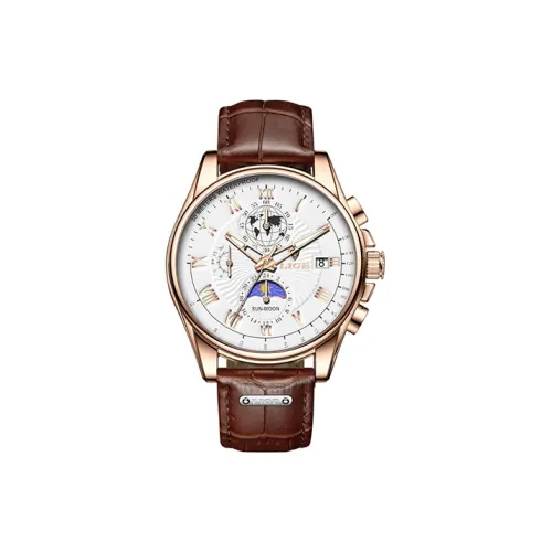 LIGE Кварцевый механизм кожаный ремешок часы для мужчин белый циферблат модель LG8975