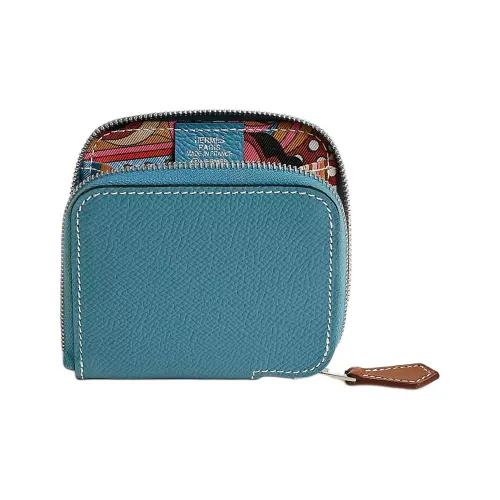 HERMES Silk'In Epsom Телячья кожа Монета Кошелек Женские Джинсовый синий