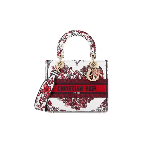 DIOR LADY D Лайт Вышивка Сумка Lady Dior Сумка через плечо Сумка среднего размера Women's White Красный