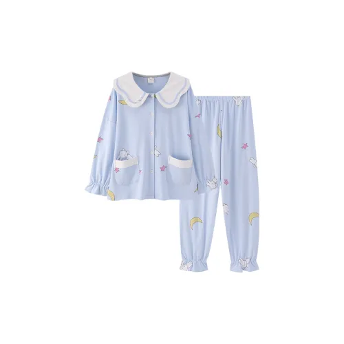 White Ran Верхняя одежда 100% хлопок Длинный рукав Свободный крой Домашняя одежда Женская Освежающий Синий