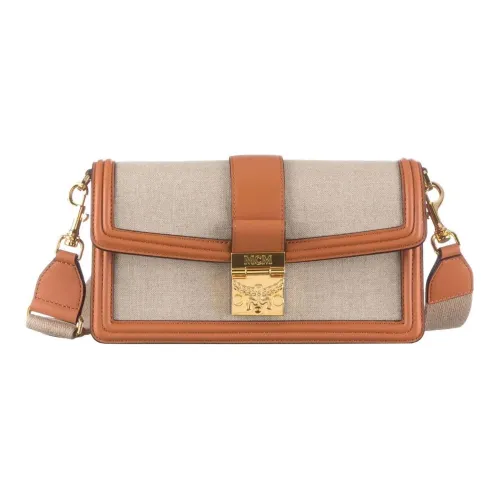 MCM Linen Canvas Calfskin Crossbody Bag Shoulder Bag Small Unisex Cognac