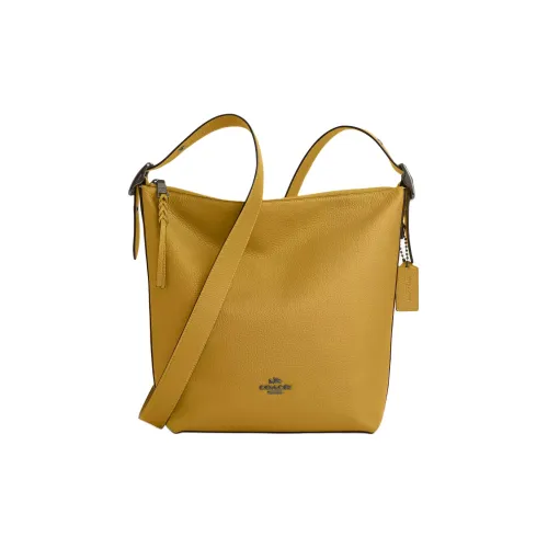 COACH Сумка-ведро из галечной кожи плечо сумка средний размер женский антикварный никель с льняной тканью