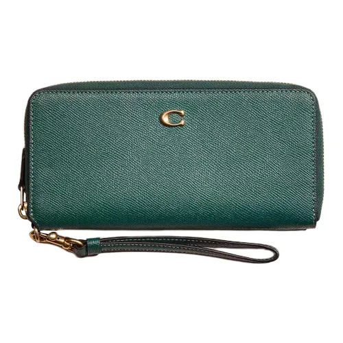 COACH Continental Wallet Крестообразная текстура Кожа Кошелек Маленький Женские Латунь Deep Сосновое дерево