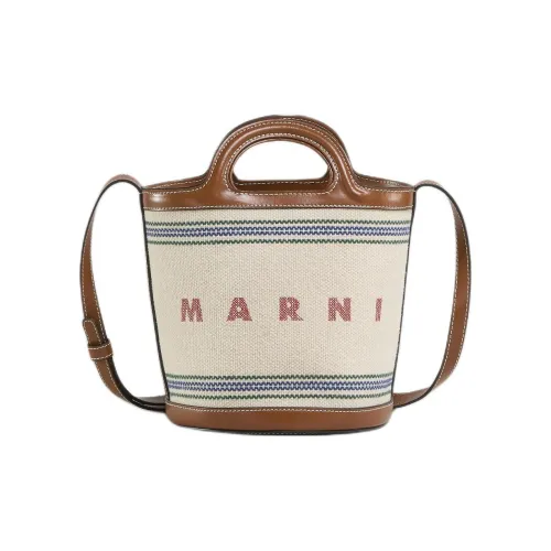 MARNI TROPICALIA Кожа Панельная Холстовая Сумка-ведро Сумка через плечо Сумка Маленькая Женская Естественный Мокко