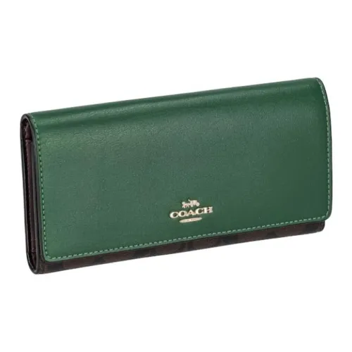 COACH Трехсекционный кошелек Холст с кожей Монетница Кошелек Маленький Женский Кофейный и Зеленый