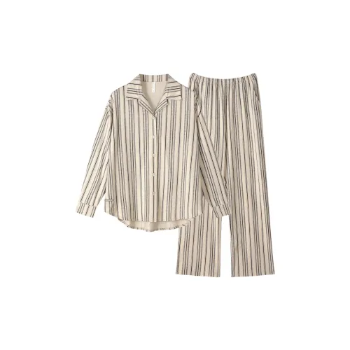 Same Language Женские, Абрикос Чернила Принт Вертикальные полосы Женские Пижамные комплекты