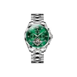 Белый корпус, зеленый циферблат, стальной браслет.