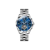 Белый корпус, синий циферблат, стальной браслет.