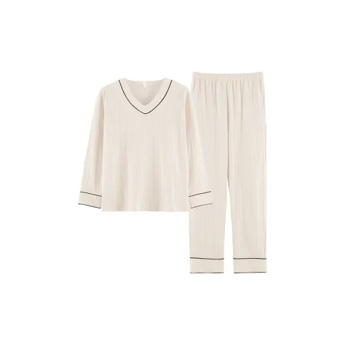 Mulong Family Весенний и Осенний Женский Двойной Слой 100% Хлопок Длинный Рукав Большой Размер Комплект Домашняя Одежда Пижама Белый