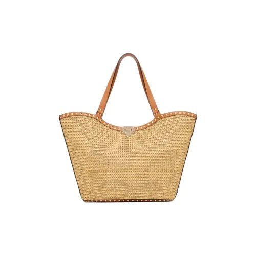 Valentino Rockstud Raffia Tote Bag Shopping Bag Tote Women's Natural Almond