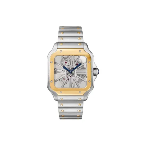 Cartier Часы Santos De Cartier Большая Модель, Механизм С Ручным Подзаводом, Желтое Золото, Сталь, Кожа