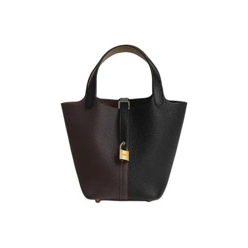 HERMES Picotin Lock Clemence Bullock Кожа Корзина Сумка Сумка Женская Черный и Бежевый