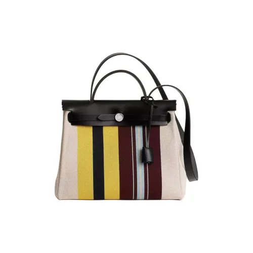 HERMES Herbag Zip H Plume Холст Hunter Телячья кожа Тоут Сумка Сумка для покупок Сумка Женская Черный и Разноцветный