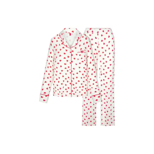SKIMS Сон Длинный рукав Кнопка UP Набор Комплект Пижама Женские Рубин And Мраморное Сердце Рубин And Мраморное Сердце Форма