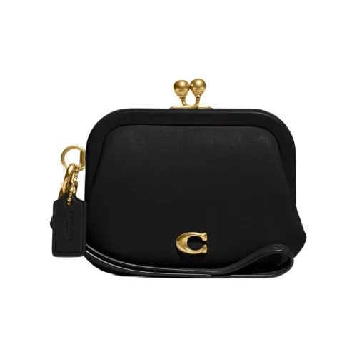 COACH Kisslock Кожа Монета Кошелек Маленький Женский Черный