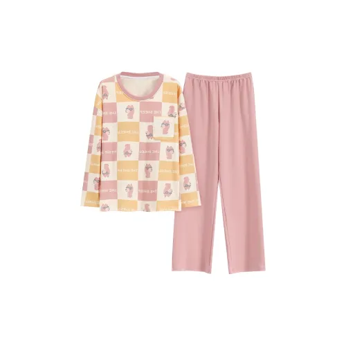 HUAJIDEGUSHI Женские Весенние и Осенние Брюки Милый Стиль Instagram Клетка Студенческий Комплект Домашней Одежды Розовый