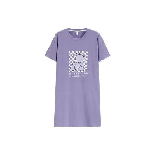 The Story Of The Flower Season Женская Летняя Короткая Рукав Слоеная Свободная Подкладка Круглый Вырез Ночная Рубашка Домашняя Одежда Светло-Фиолетовый