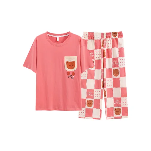 HUAJIDEGUSHI 100% хлопок Женские Летний Короткий рукав Штаны капри Домашний комплект Женские Арбузно-розовый красный