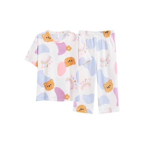 HUAJIDEGUSHI Женские Летние Короткие Рукава из 100% хлопка Штаны капри Студенты С принтом Милый Комплект домашней одежды