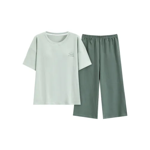 Mulong Family Лето Короткий Рукав Женские 100% Хлопок Пижама с Подкладкой Тонкий Анти-Удар Бюстгальтер Комплект Летняя Домашняя Одежда Яшма