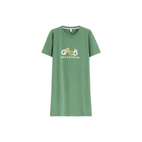 The Story Of The Flower Season Женская Летняя Свободная Подкладка Тонкая Короткая Рукавная Ночная Рубашка Ван-Пис MID Длина Платье Зеленый