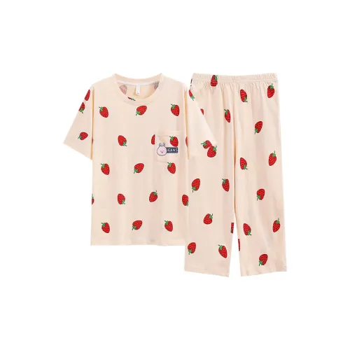 HUAJIDEGUSHI Strawberry Women's Summer Thin Short-Sleeved Capri Pants Cute Students Instagram Style Loungewear Set