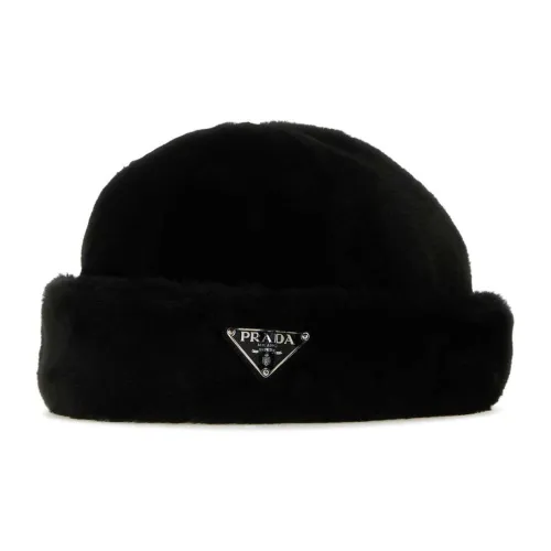 PRADA Shearling Viscose Beanies Men's Black