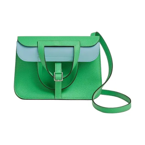 HERMES Halzan Clemence Bullock Кожа Сумка Сумка через плечо Сумка через плечо Женская Комикс Зеленый и Гармоничный Синий
