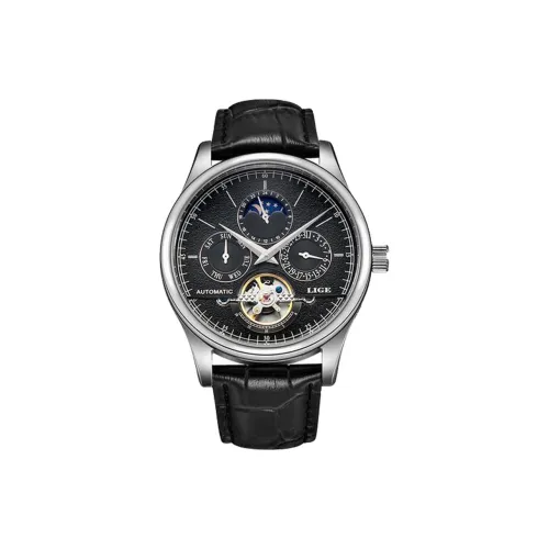 LIGE Автоматический Механический Механизм Кожаный Ремешок Часы Мужские Черный Циферблат LG6826