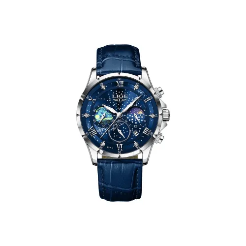 LIGE Кварцевый механизм кожаный ремешок часы для мужчин синий циферблат модель LG89107