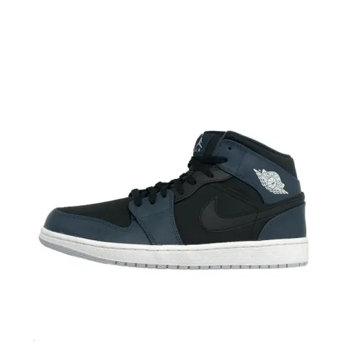 Jordan Air Jordan 1 MID Амортизация Износостойкий MID Топ Винтажные баскетбольные кроссовки Мужской Синий Черный