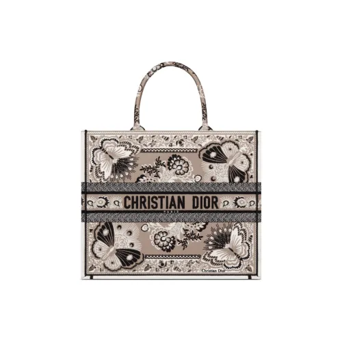 DIOR Вышивка Тоут Сумка Сумка для покупок Сумка на плечо Сумка Большая Женская Бежевая Многоцветная Бабочка