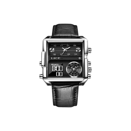 LIGE Кварцевый механизм кожаный ремешок часы для мужчин черный циферблат модель LG8925