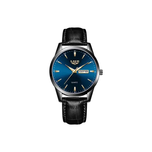 LIGE Кварцевый механизм кожаный ремешок часы для мужчин синий циферблат модель LG8970