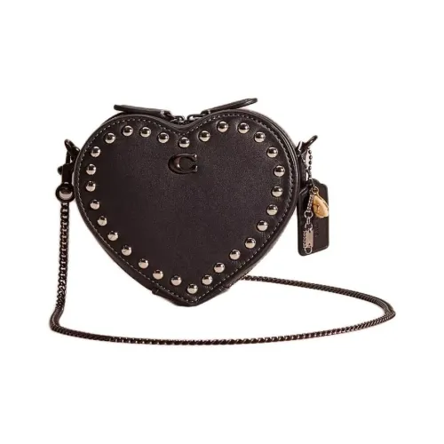 COACH Сердце Перчаточная дубленая кожа Сумка в форме сердца Сумка через плечо Мини Женская Олово Черный