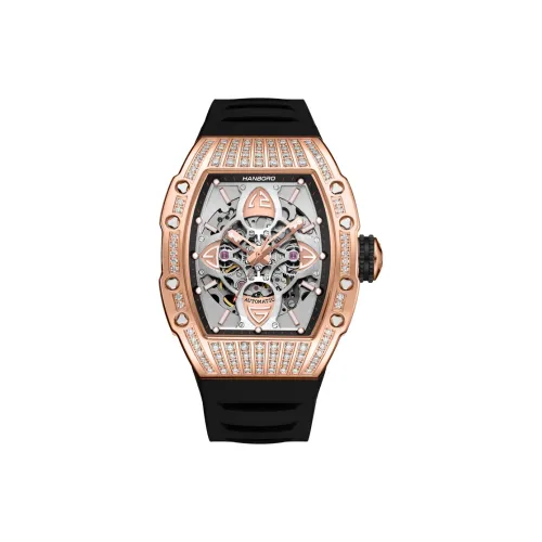 HANBORO Kings Series HBR989,2 Автоматический Механический Механизм Резиновый Ремешок Часы Мужские Золотистый Циферблат
