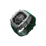 Серебряный корпус, прозрачная средняя рамка, зеленый фторкаучук, одиночный ремешок с пряжкой