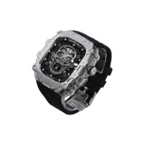 Серебряный корпус, прозрачная средняя рамка, черный фторкаучук, одиночный ремешок с пряжкой