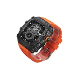 Черный корпус, полупрозрачная средняя рамка, апельсиновый фторкаучуковый ремешок с пряжкой для одной руки