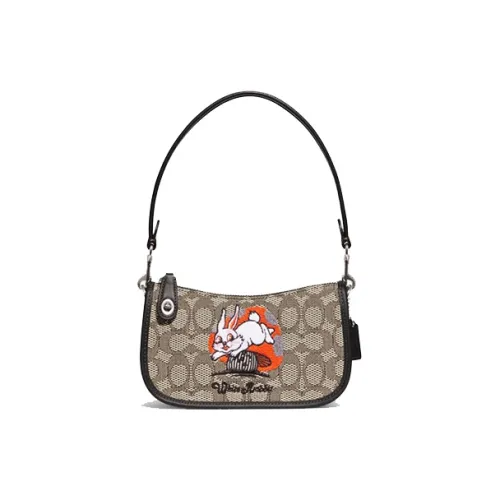 COACH Baymax Rabbit Collaboration Swinger Cow Leather Fabric Shoulder Bag Women's Khaki Black COACH Бэймакс Кролик Коллаборация Swinger Корова Кожа Ткань Сумка на плечо Женская Хаки и Черный