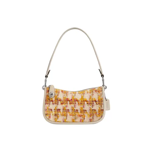 COACH Swinger Узор "елочка" с Перчаточная дубленая кожа Сумка сумка через плечо Маленькая Женская Серебряный и Нейтральный Многоцветный