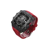 Чёрный корпус с прозрачной чёрно-белой средней рамкой, красный фторкаучуковый ремешок с одной кнопочной пряжкой