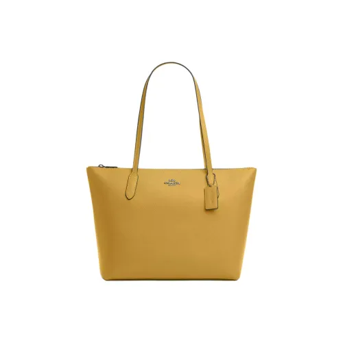 COACH Zip Top Tote Крестообразная текстура Кожа Тоут Сумка Сумка для покупок Сумка на плечо Сумка Большая Женская Льняная Желтая